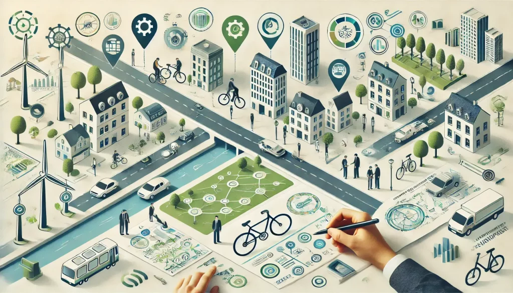 An image representing partnerships in urban development with a European cityscape. Show a clean, simplified European city with elements like bicycles