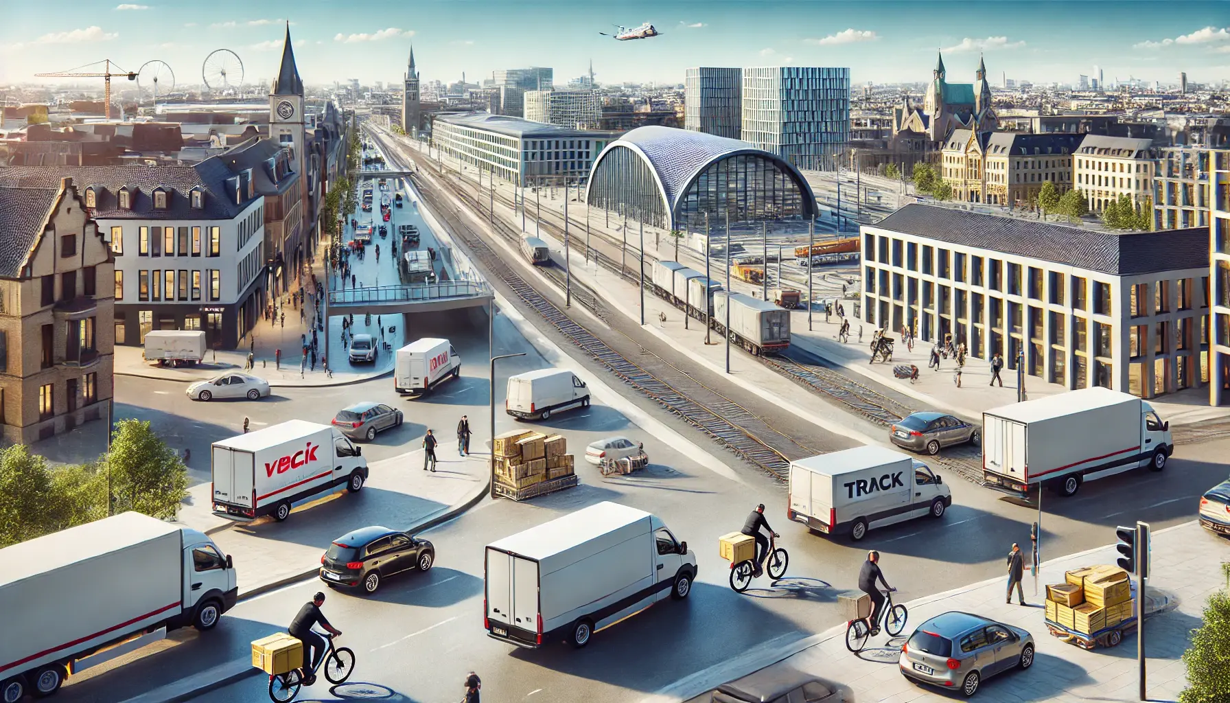 Illustration générée par intelligence artificielle montrant une ville où circulent fluidement es véhicules de tous types de livraison